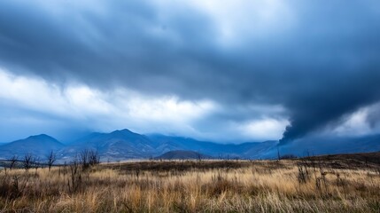 Dramatic Dark Clouds Over Mountain Landscape in Barren Terrain : Generative AI