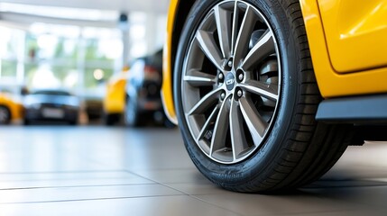 Closeup view of a stylish car wheel featured in a modern car showroom environment : Generative AI