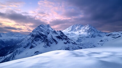 Fototapeta premium Breathtaking View of Snowy Mountains Under Dramatic Sunrise Sky with Colorful Clouds : Generative AI