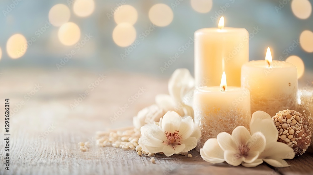 Poster Elegant Candles Surrounded by Delicate Flowers Creating a Cozy Atmosphere : Generative AI