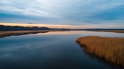 Fototapeta premium Tranquil river view surrounded by golden reeds under a soft cloudy sky at dusk reflecting warm tones : Generative AI
