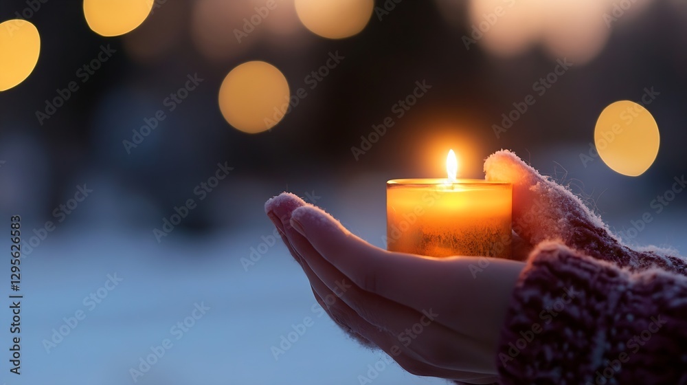 Poster Warm Candlelight in Hands During Winter Evening with Soft Glow and Bokeh : Generative AI