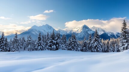Stunning winter landscape with snowcovered mountains and evergreen trees under bright blue sky : Generative AI