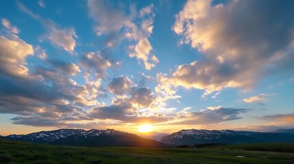 Fototapeta premium Breathtaking sunset over majestic mountain range with vibrant clouds and golden light : Generative AI