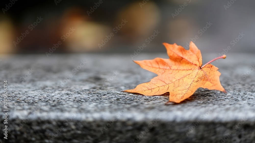 Poster Autumn leaf lying on a stone surface with blurred bokeh background creating a serene vibe : Generative AI