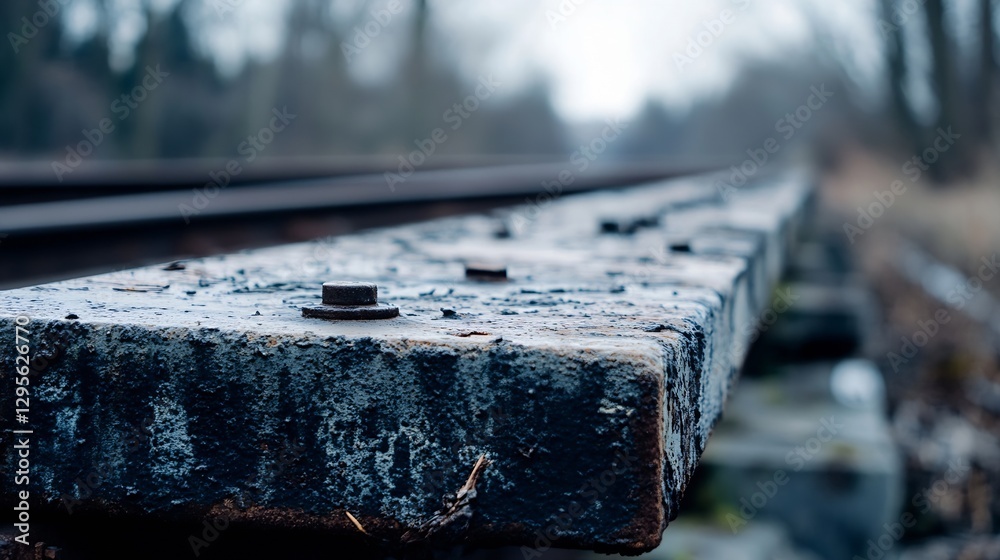 Poster CloseUp View of Rusty Railway Tracks with Deteriorated Concrete Sleepers in a Blurred Background : Generative AI