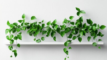 Lush green ivy plant cascading from a minimalist white shelf against a white wall.