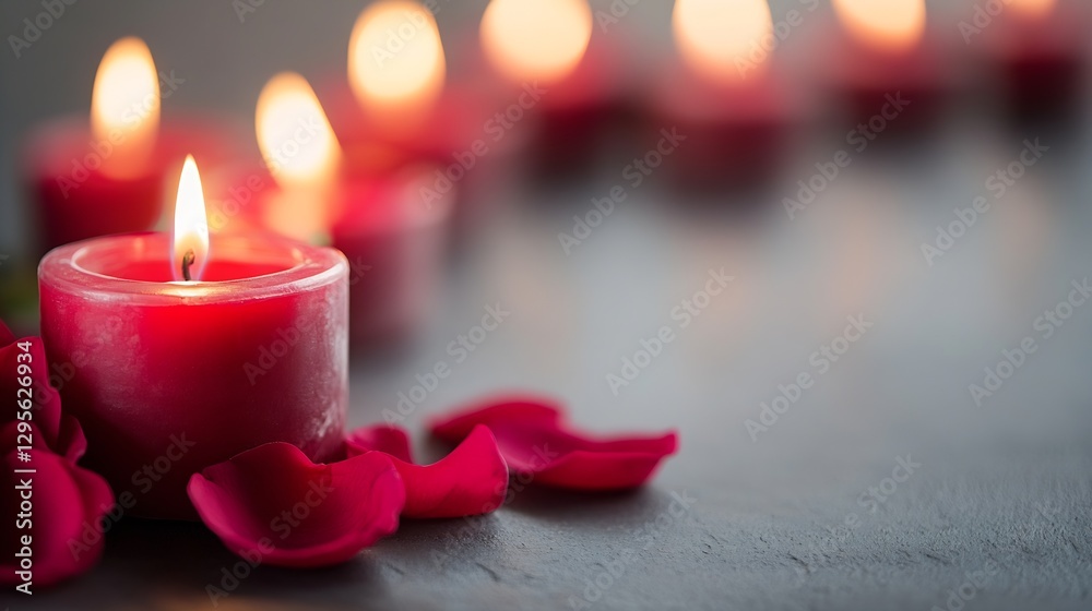 Poster Romantic Scene with Red Candles and Rose Petals on a Soft Surface Creating a Cozy Mood : Generative AI