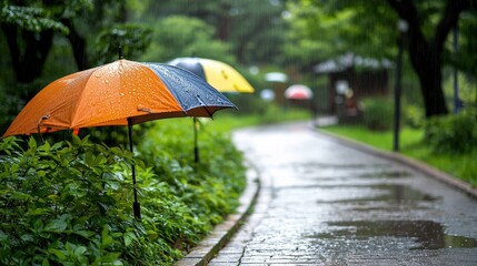 Colorful umbrellas on a rainy park pathway.