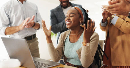 Wow, happy and business people with applause in office celebration for winner, feedback or review....