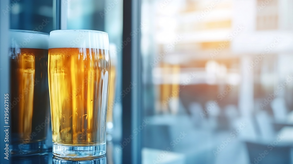 Poster refreshing glass of beer sitting on a table in a modern bar with a bright ambiance : generative ai