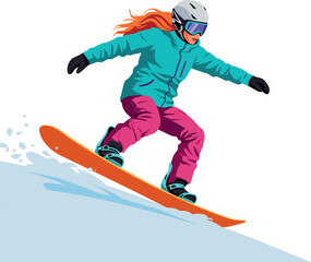 A young woman snowboarding down a slope in vibrant winter attire, showcasing dynamic movement in detailed vector art