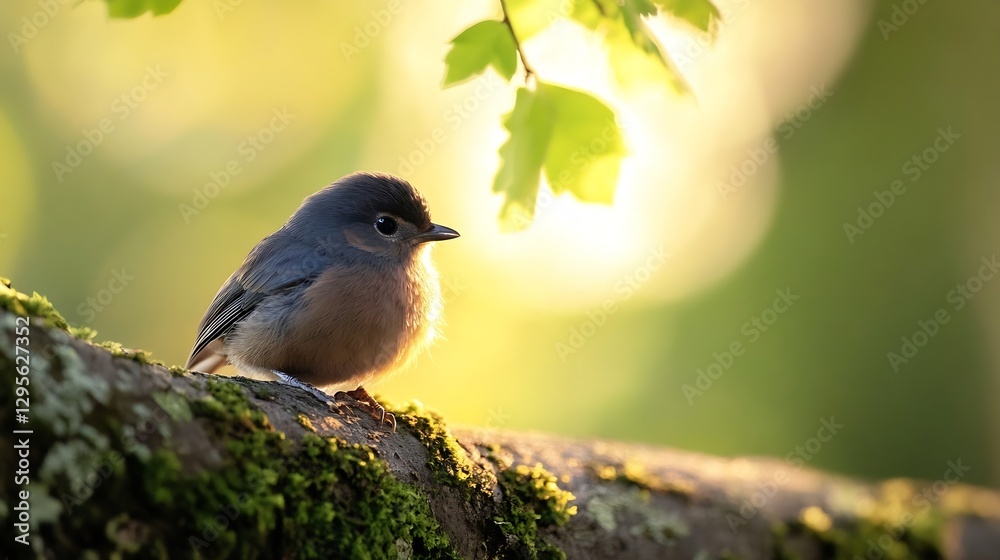 Poster charming blue bird perched on a mossy log amidst a soft golden background : generative ai