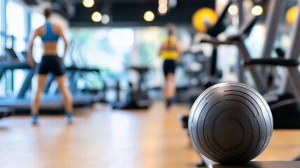 Fototapeta premium A black gym weight in focus with blurred people exercising in the background representing fitness culture : Generative AI