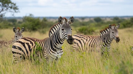 Obraz premium Three Beautiful Zebras Grazing in a Field Under a Bright Sky : Generative AI