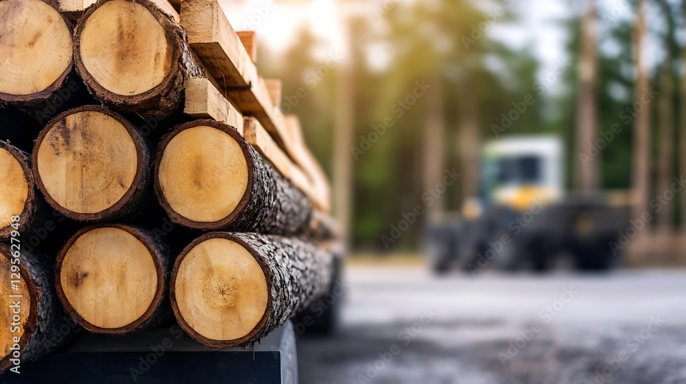 Poster stacked logs at a lumber yard with a blurred background of heavy machinery : generative ai