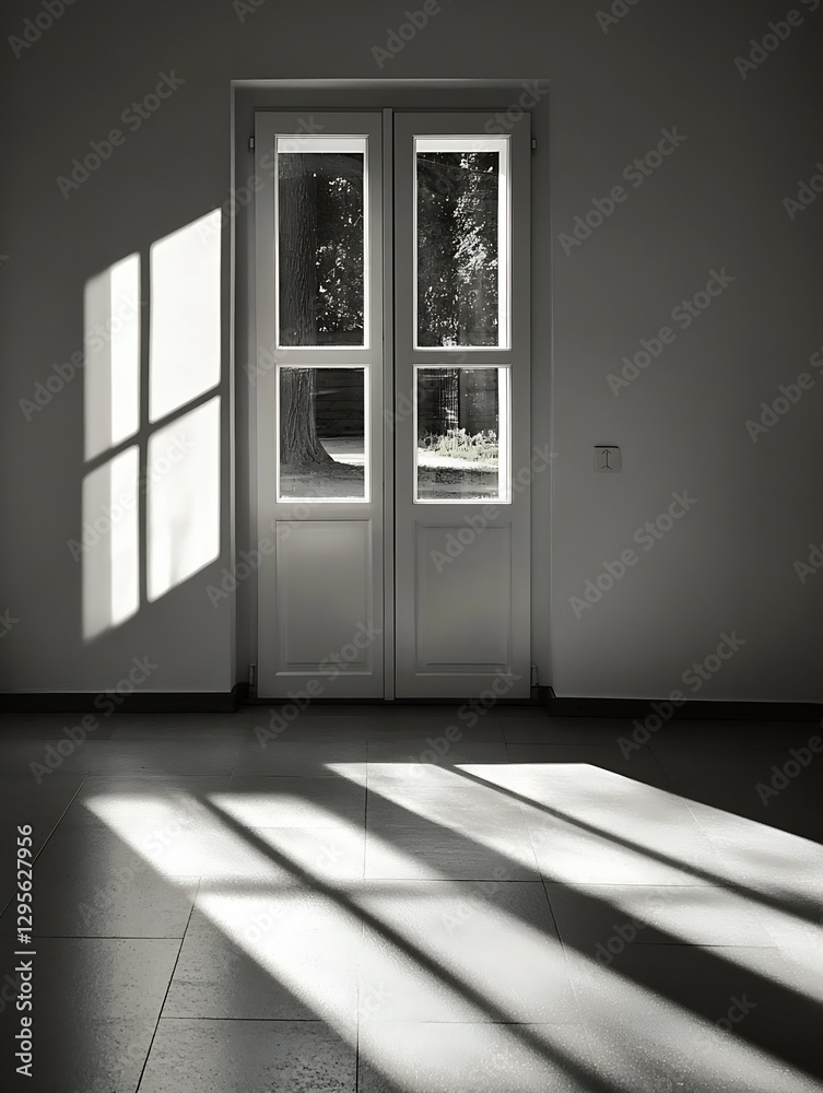 Aufkleber bright sunlight casting abstract shadows on a minimalist door and window : generative ai