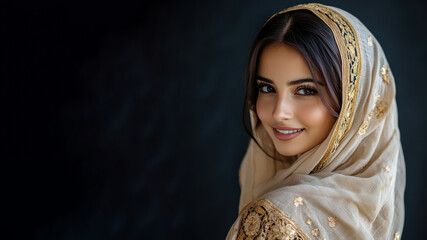 Naklejka premium Pakistani woman wearing traditional abaya and hijab isolated on black background