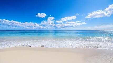 Fototapeta premium Beautiful beach scene with vibrant blue ocean waves and fluffy clouds under the sun : Generative AI