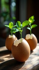 Plants sprouting from eggshells on wood