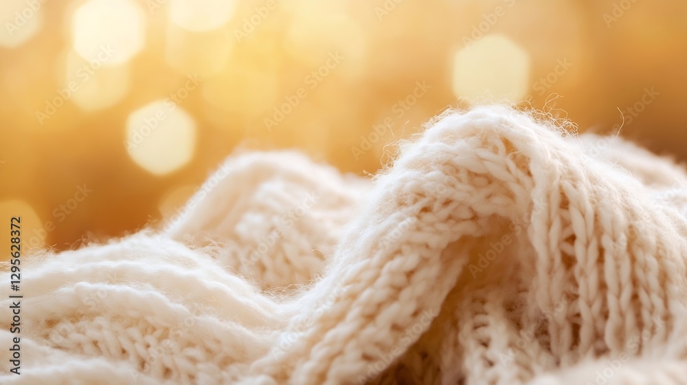 Aufkleber detailed close-up of soft cream knitted fabric in warm ambient light : generative ai