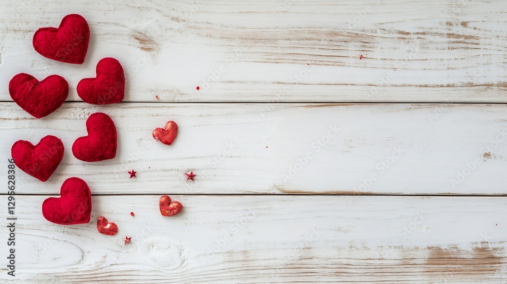Poster handmade red felt hearts scattered on a light wooden surface creating a charming romantic ambiance :