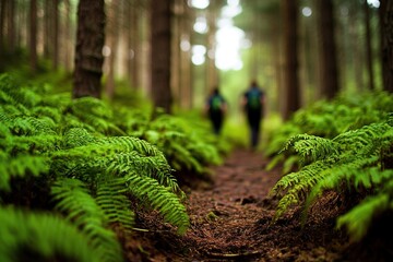 Hiking Trail Through Lush Green Forest with Ferns