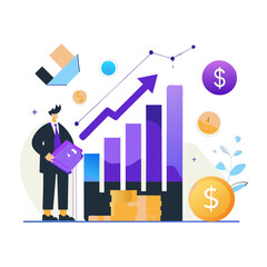 Businessman in formal wear observes rising financial graph with stacked gold coins, demonstrating growth and success. Male professional in modern office setting.