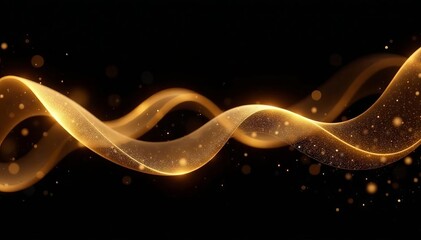 Abstract gold wave, ribbon, particles, black background, template, lines