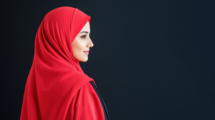 A woman wearing traditional red abaya and hijab isolated on black background