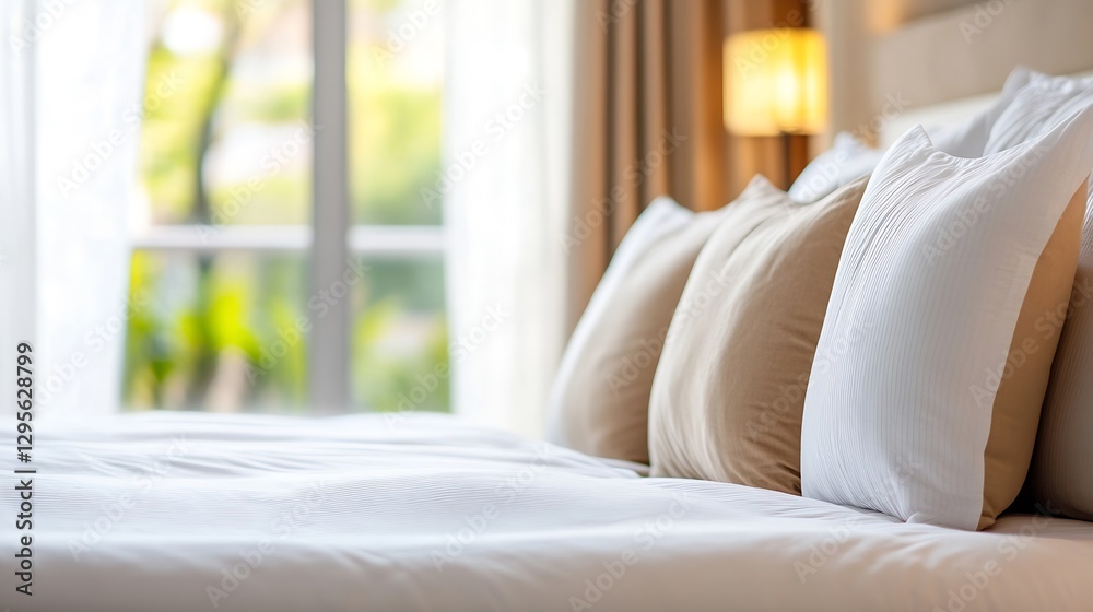 Poster elegant bedding with soft beige and white cushions in contemporary style : generative ai