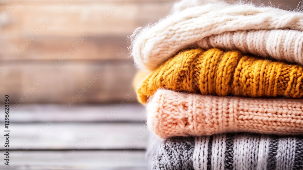Aufkleber stack of plush knit sweaters in warm earthy tones textiles on wooden background : generative ai