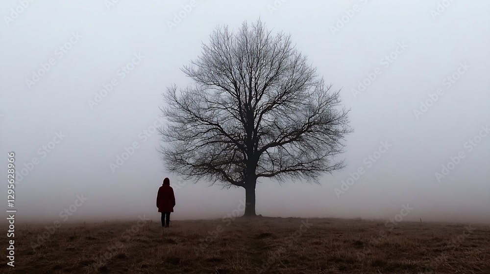 Aufkleber Lonely figure dressed in red standing before a bare tree in a foggy landscape : Generative AI