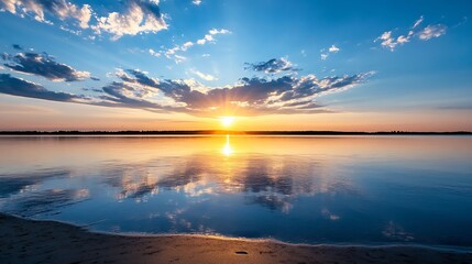Obraz premium Stunning sunset over tranquil lake with reflection and vibrant clouds on the horizon : Generative AI