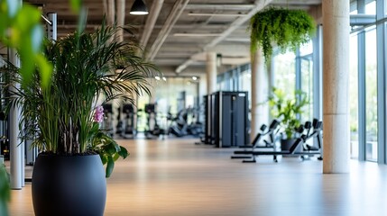 Fototapeta premium Modern Gym Interior with Equipment and Lush Green Plants : Generative AI