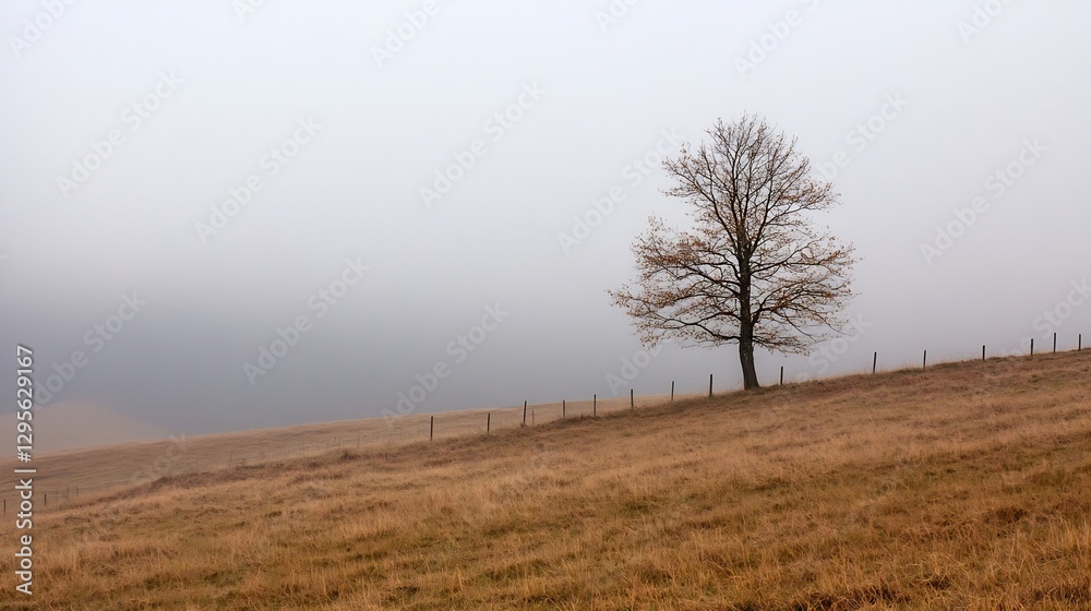 Poster barren tree on a foggy hillside surrounded by golden grasses and distant shadows : generative ai
