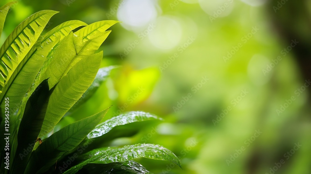 Poster lush green leaves in soft focus with glowing background for nature and calmness : generative ai