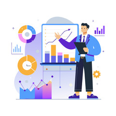Fototapeta premium Businessman presenting data graphs in a modern office setting. Male professional in a light blue suit giving a presentation with charts and graphs.