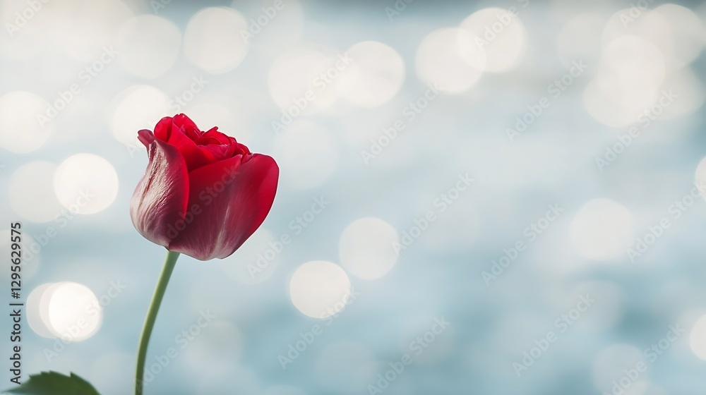 Poster Beautiful single red rose captured with a softly blurred water background reflecting light creating a romantic atmosphere : Generative AI