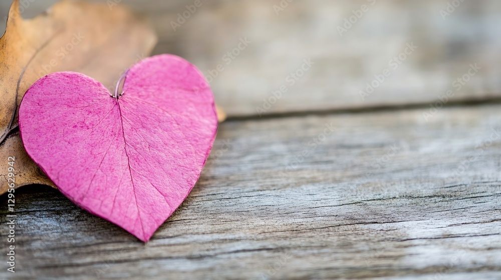 Poster close up of a vibrant pink heart shaped leaf resting on rustic wooden background : generative ai