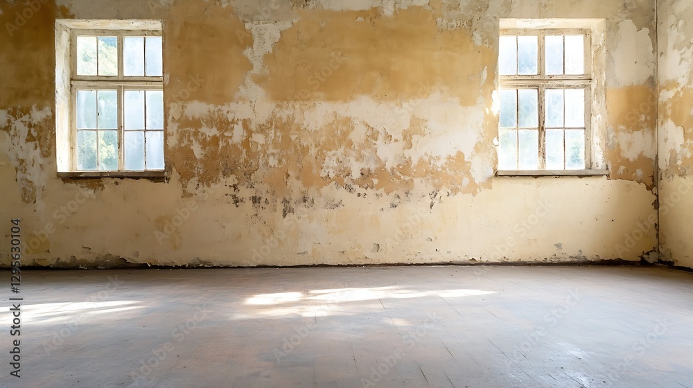 Aufkleber abandoned interior with peeling paint and sunlight through windows creating a rustic atmosphere : ge