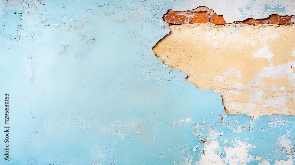 Poster textured wall with peeling paint revealing underlying brickwork creating a charming vintage atmosphe