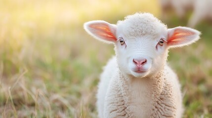 Obraz premium Charming portrait of a young lamb relaxing in a sunlit grassy meadow with a soft natural glow : Generative AI