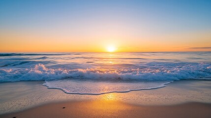 Obraz premium Stunning Sunset Over Tranquil Waves and Sandy Beach with Vibrant Colors in the Sky : Generative AI