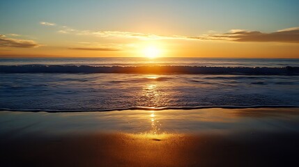 Obraz premium Stunning Sunrise Over Tranquil Ocean with Soft Waves Reflecting Golden Light : Generative AI