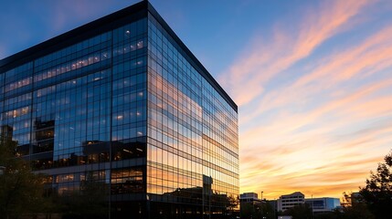 Fototapeta premium Modern office building with glass facade reflecting vibrant sunset colors and clear sky : Generative AI