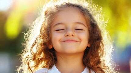 Fototapeta premium Happy little girl with curly hair smiling in sunlight showcasing innocence and joy of childhood outdoors : Generative AI