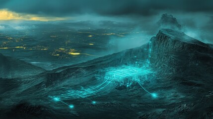 Cybersecurity landscape illuminated by blue point connections a digital fortress of technology