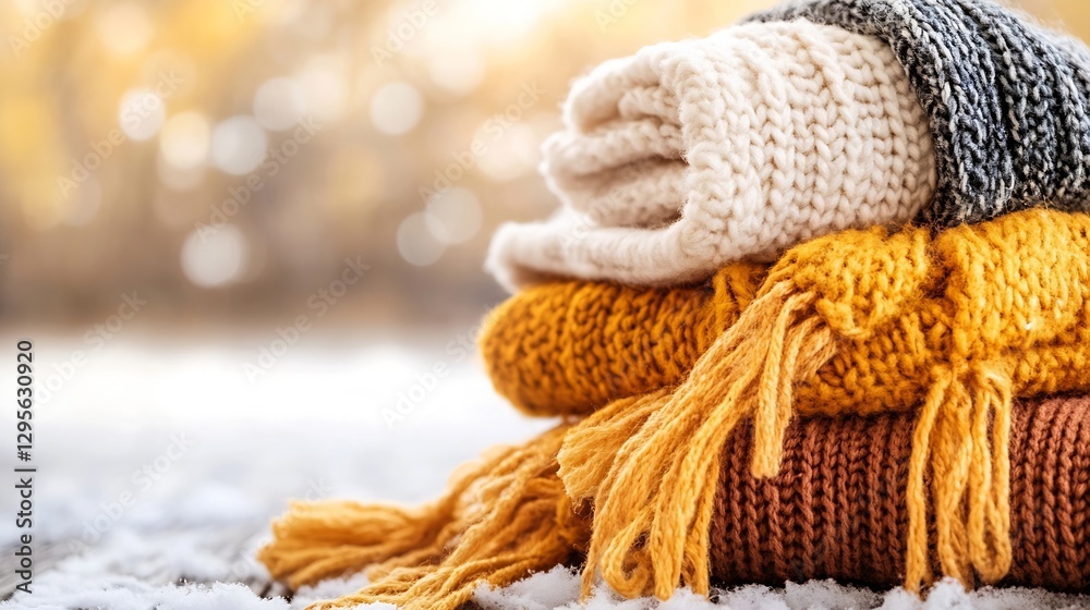 Poster stacked cozy knit blankets in autumn colors on a snowy background warm and inviting : generative ai
