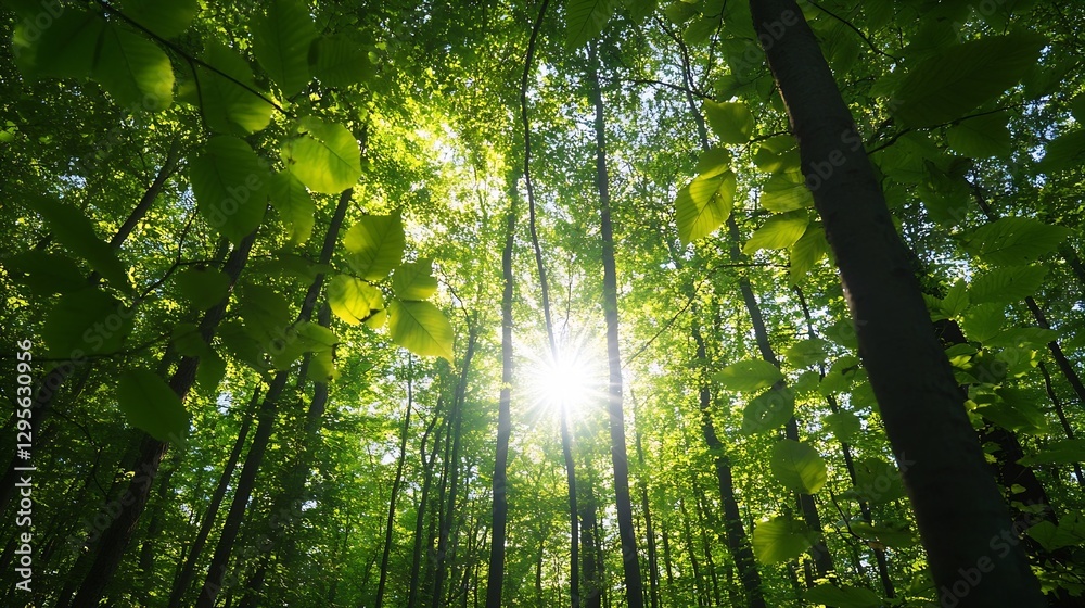 Poster Sunlight filtering through lush trees in a vibrant green forest creating a captivating and serene natural scene : Generative AI